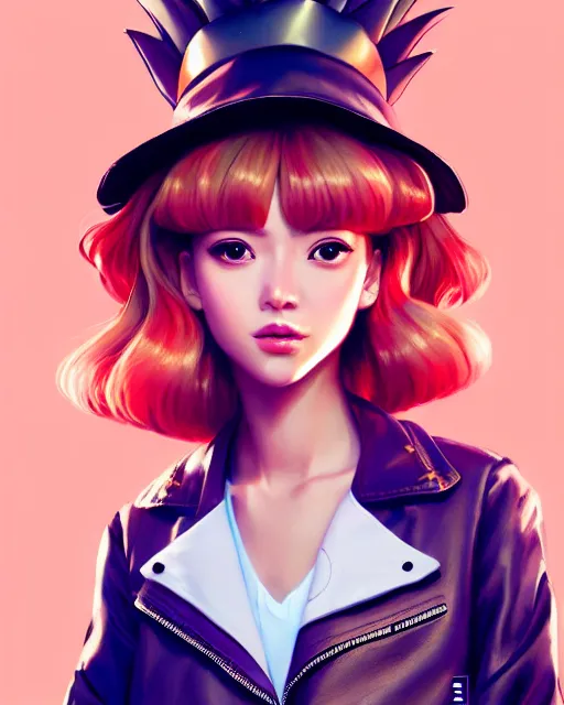 Image similar to pineapple girl wearing a candy hat and leather jacket, fine detail!! anime!! realistic shaded lighting!!, kim hyun joo, digital painting by ilya kuvshinov, magali villeneuve, artgerm, jeremy lipkin and michael garmash and rob rey