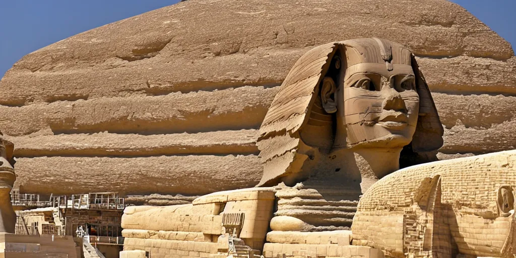 Image similar to a predator head on the great sphinx, wide angle establishing shot,