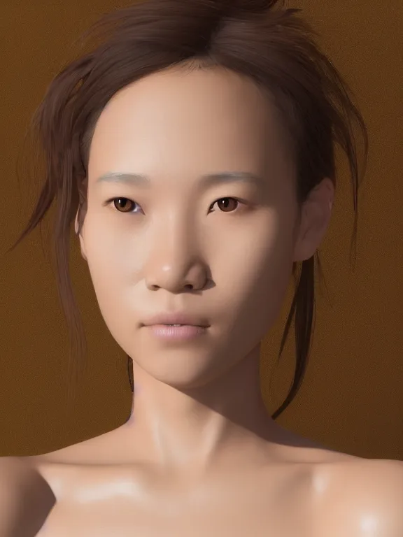 Image similar to 3d render Portrait of a woman, Chinese-French mixed race, one quarter French, three quarters Chinese minority, subtropical ethnicity, ivory skin, dark brown long hair, dark brown eyes, wearing fantasy costume,intricate, elegant, highly detailed, dim volumetric lighting, abstract, 8k,octane,post-processing,digital painting, trending on artstation, concept art, smooth, sharp focus, by greg rutkowski and alphonse mucha