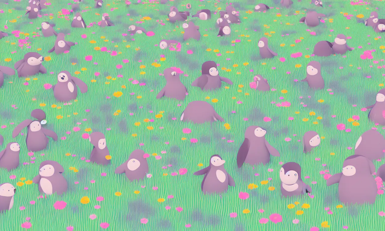 Prompt: penguines, meadow flowers, pastel colors, nordic noire, cityscape, digital art, 3 d illustration