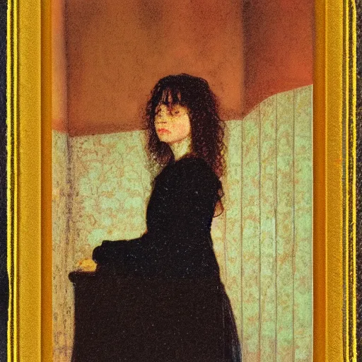 Prompt: a girl in a room, old polaroid by goya, by klimt, digital painting, strong lights, flat colors, pastel colors,