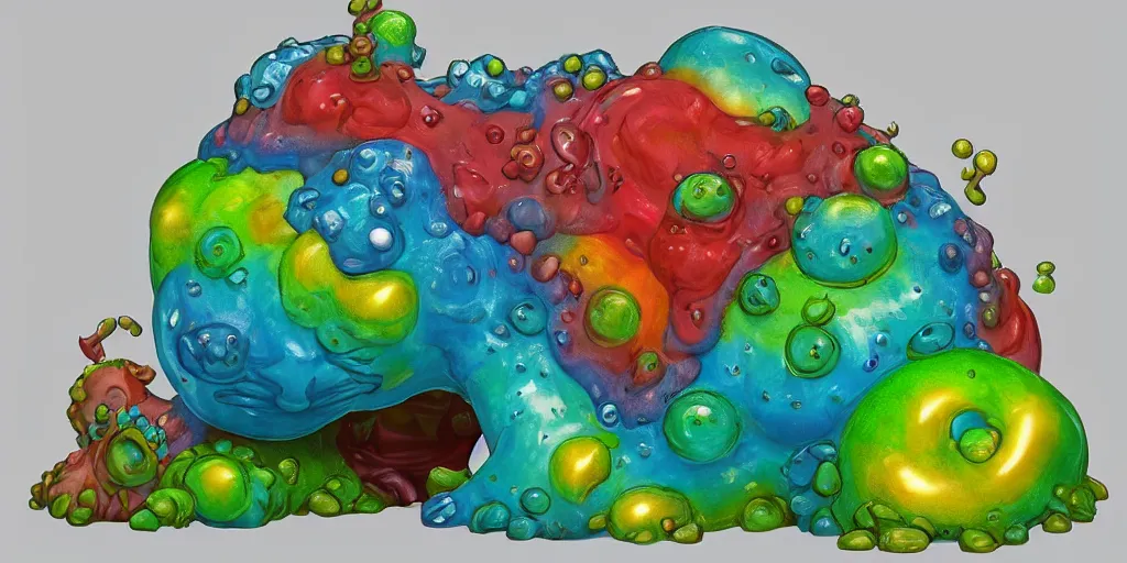 Image similar to a friendly kaiju made of porous rainbow gelatinous fleshy blobs, in the style of a ceramic masterpiece. The kaiju is smashing through an art museum gift shop!