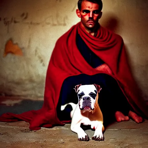 Image similar to portrait of american bulldog as afghan puppy, green eyes and red scarf looking intently, photograph by steve mccurry