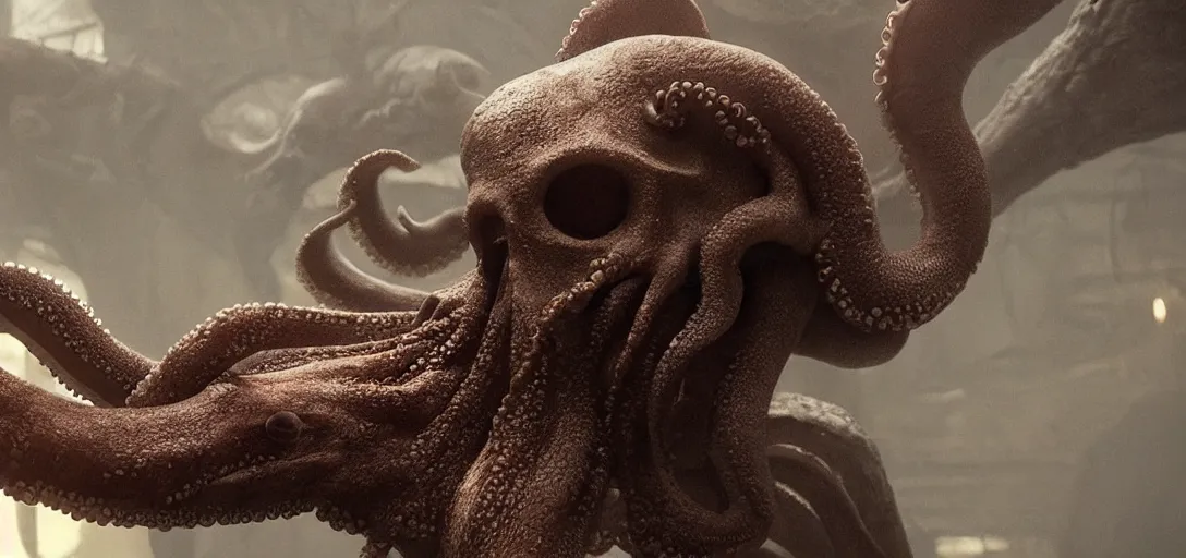 Prompt: an octopus in the shape of a skull | foggy | cinematic shot | photo still from movie by denis villeneuve | wayne barlowe