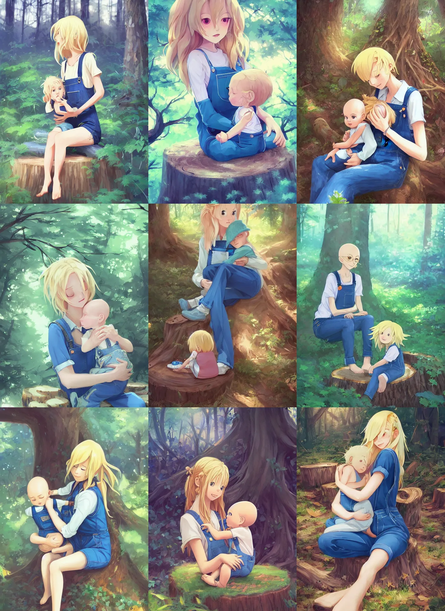 Prompt: a long hair blond skinny mum wearing a blue overalls cradling a baby in a forest sitting on a tree stump, 1 baby bald, coherent. by makoto shinkai, rossdraws, james jean trending on artstation, digital art.