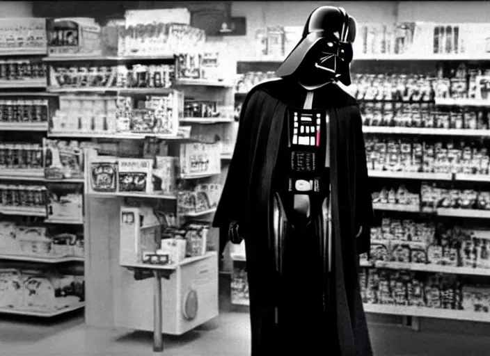 Image similar to film still of Darth Vader working as a clerk in a convenience store in Clerks movie 1994