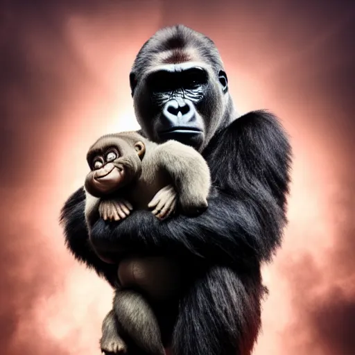 Image similar to stunning awe inspiring a gorilla holding chucky the killer doll movie still 8 k hdr atmospheric lighting