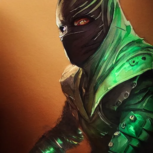 Prompt: realistic and professional watercolor artwork of a dark fantasy hooded ninja warrior with neon green lines, futuristic style outfit, super detailed, trending on artstation, concept art, portrait, dramatic light, painted by greg rutkowski