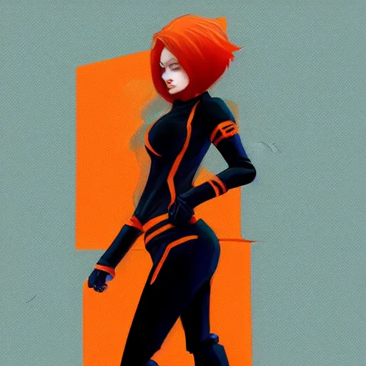 Image similar to a woman wearing black and orange clothes, full body shot, red hair, highly detailed, digital painting, artstation, concept art, smooth, sharp focus, illustration