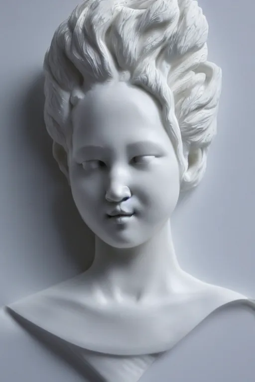 Prompt: full head and shoulders, beautiful female porcelain sculpture by daniel arsham and raoul marks, smooth, all white features on a white background, hair piled high like ice - cream, delicate facial features, white eyes, white lashes, detailed white,