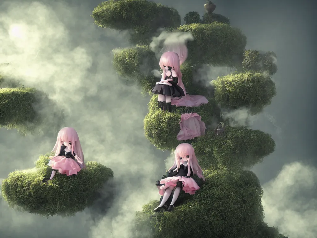 Image similar to cute fumo plush gothic maiden girl sitting on a floating island, isometric projection, wisps of smoke and volumetric fog, vignette, vray