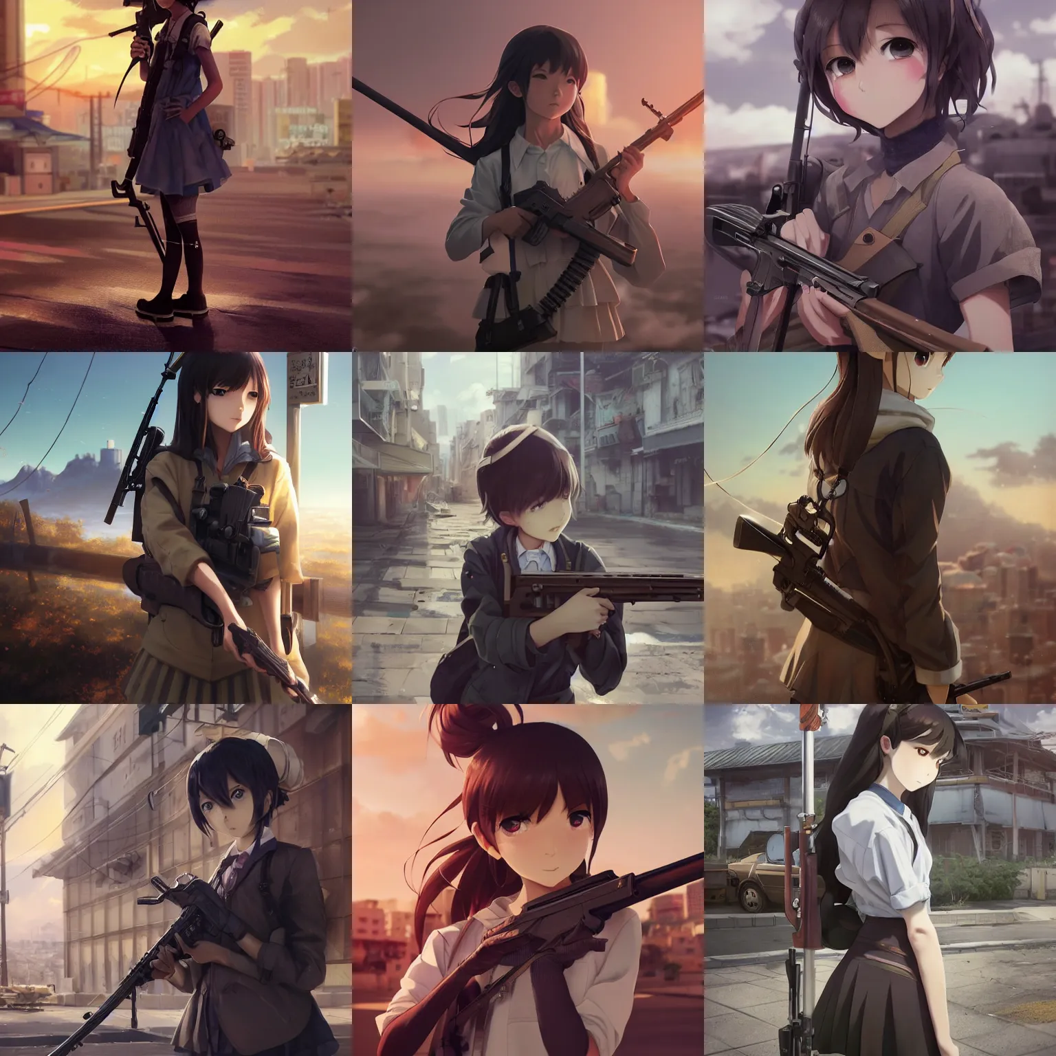 Prompt: worksafe. insanely detailed. by wlop, sakimichan, makoto shinkai, greg rutkowski, pixiv. zbrush sculpt, octane, maya, houdini, vfx. closeup gorgeous attractive young cg anime teen kid schoolgirl, holding a rifle, near utility poles at middle east, in luxury advertisement. cinematic dramatic atmosphere, sharp focus, volumetric lighting