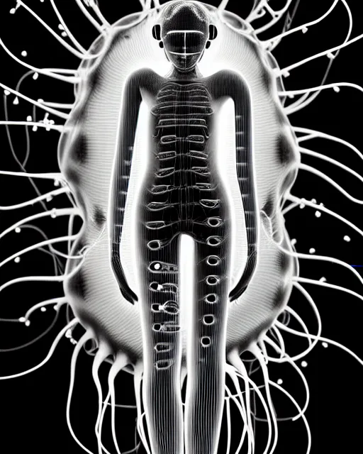 Image similar to black and white young cyborg-human-jellyfish-plant goddess high quality photo, microchip, artificial intelligence, bio-mechanical bio-luminescence, black wired cables, neurons, nerve cells, octane render, cinematic, rim light, hyper realism, photo-realistic, high detail, 8k, masterpiece, high fashion, in the style of Steven Meisel and Dora Maar and H.G. Giger