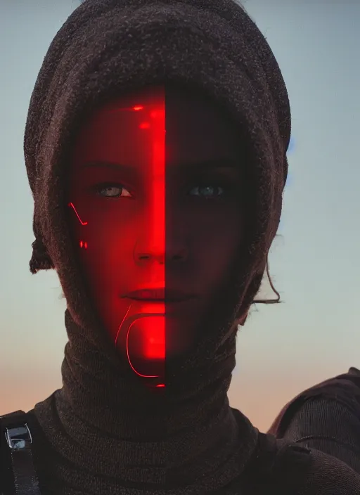 Image similar to cinestill 5 0 d photographic portrait of two loving female androids wearing rugged black techwear on a desolate plain with a red sky, extreme closeup, cyberpunk style, dust storm, 8 k, hd, high resolution, 3 5 mm, f / 3 2, ultra realistic faces, ex machina