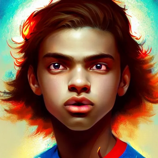 Image similar to colorful and festive captivating teenager with straight brown hair covering his eye, dark skin, big lips, big eyes, wearing a red t - shirt. rich vivid colors, ambient lighting, dynamic lighting, 4 k, atmospheric lighting, painted, intricate, highly detailed by charlie bowater