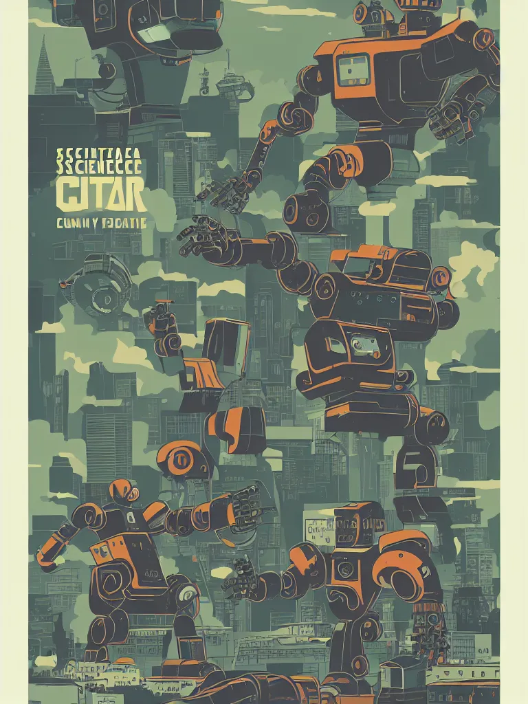 Image similar to tierra connor style poster illustration of a large retro science fiction robot battle above city neighbourhood, vintage muted colors, some grungy markings