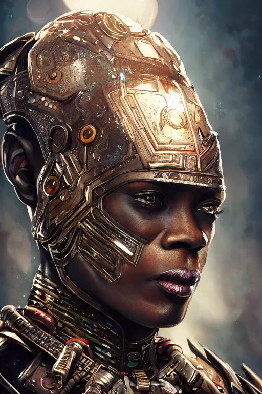 Prompt: closeup hd portrait, ultra realistic illustration, wakandan warrior in a steampunk style armor, hacknaut cyberpunk, sci - fi, fantasy, intricate, elegant, highly detailed, digital painting, artstation, concept art, smooth, sharp focus, illustration.