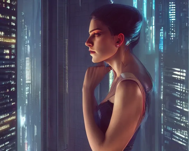 Image similar to 5 5 mm portrait photo of a beautiful young woman looking from a balcony. futuristic atmosphere. cyberpunk city. art by greg rutkowski. highly detailed 8 k. intricate. lifelike. soft light. nikon d 8 5 0.