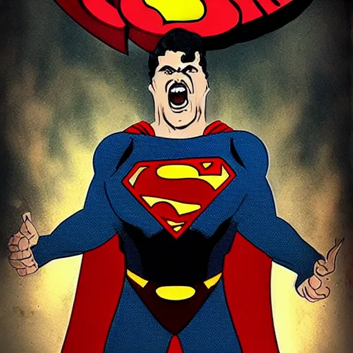 Prompt: evil Superman >yelling<<<< screaming! , body swelling about to explode, distress, mania, freaking out, insane, panic, breakdown, skull, head exploding revealing skull, horror