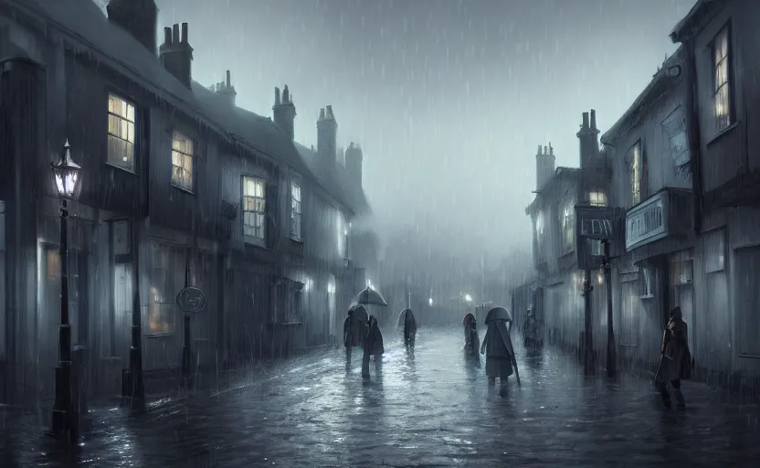 Image similar to extreme long shot concept art depicted rainy old england town, dramatic mood, cozy environment, inspired by legends of runeterra, trending on artstation, unreal engine