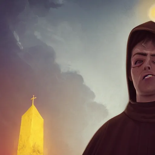 Image similar to Close-up of a terrified young catholic priest at the top of a medieval tower watching in fear as an ominous yellow shadow descends upon him from the night sky. He is fervently praying but his eyes are wide open with fear. Low angle angle, dramatic lighting. Award-winning digital art, trending on ArtStation