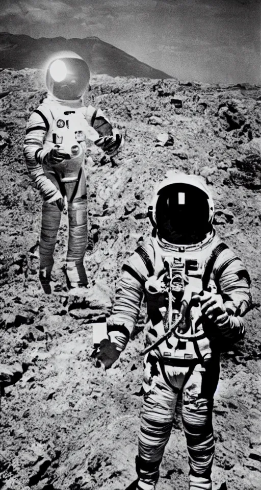 Prompt: astronaut taking a selfie with Jesus Christ at Golgotha, mountain of skulls in background, realistic old photo, coal dust, lumierre