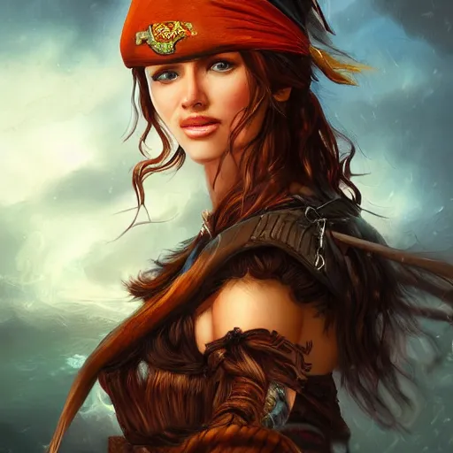 Prompt: beautiful young woman as a pirate captain, thunderstorm, diffuse lighting, full body, fantasy, intricate, highly detailed, lifelike, photorealistic, digital painting, artstation, illustration, concept art, smooth, sharp focus