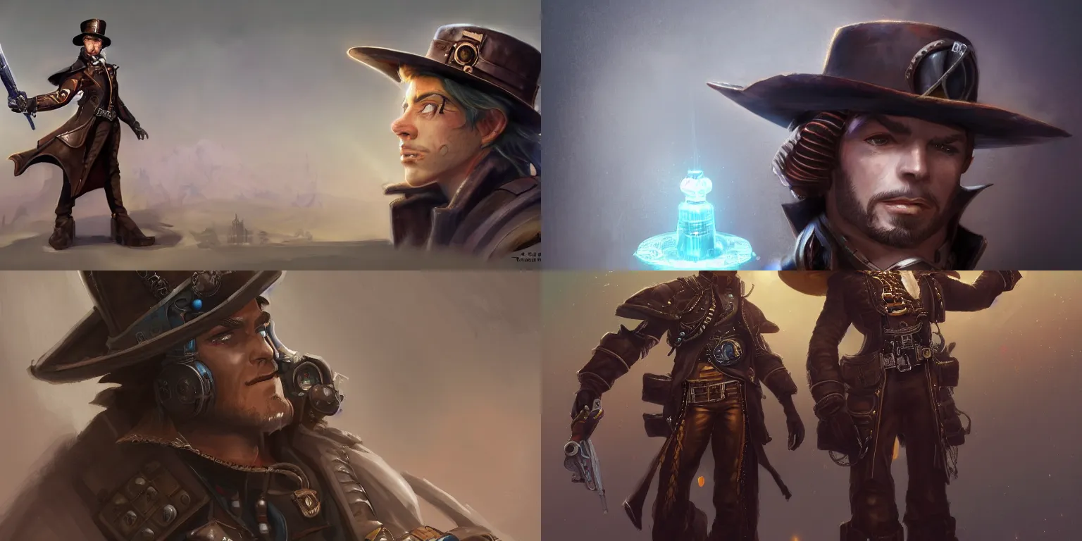 Prompt: a side-view full-length portrait of a noble gunslinger male in hat in the center, steampunk spaceship on background, by tyler edlin and lindsey look, victorian, concept art, steam romance, adventure, detailed, 4k resolution, trending on artstation