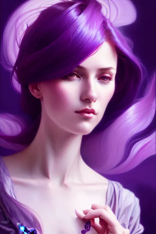 Image similar to Purple hair, creative colouring Portrait of woman, fashion, intricate, elegant, highly detailed, digital painting, artstation, concept art, smooth, sharp focus, illustration, art by artgerm and greg rutkowski and alphonse mucha