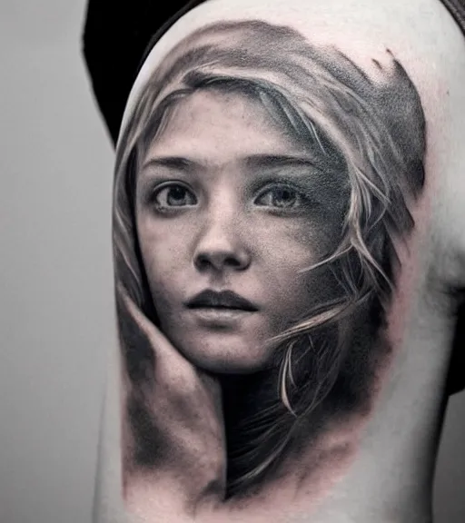 Prompt: a beautiful girl portrait faded in a mountain scenery, realism tattoo, in the style of den yakovlev, black and white, hyper realistic, highly detailed