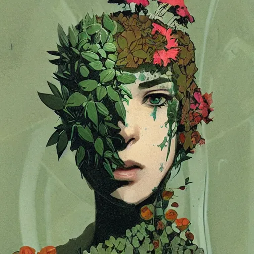 Image similar to a cyborg in some plants with flowers for a face by satoshi kon and greg rutkowski, 7 0's vintage sci - fi flat surreal design