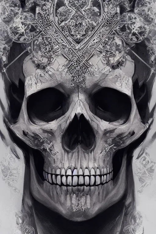 Image similar to concept art skull, the skull is decorated with art deco patterns, close - up portrait, powerfull, intricate, elegant, volumetric lighting, scenery, digital painting, highly detailed, artstation, sharp focus, illustration, concept art, ruan jia, steve mccurry