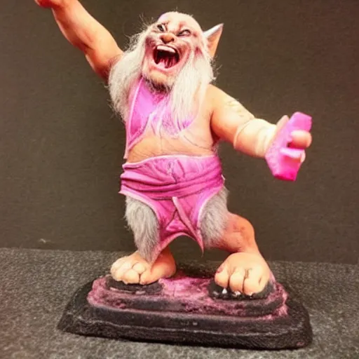 Prompt: a crazy dwarf tabaxi wearing pink flip flops, laughing hysterically