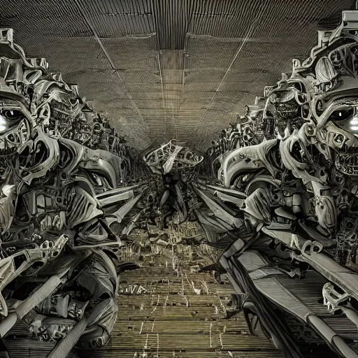 Prompt: evil souls being mass produced, detailed, intricate, advanced, fantastic reality, neoclassic, 8 k resolution