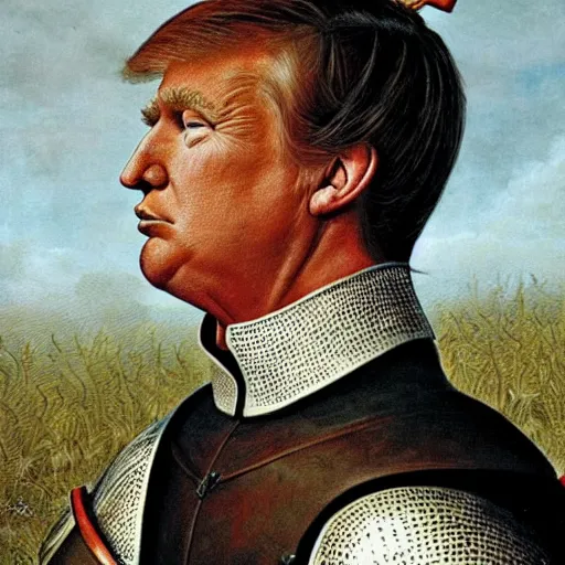 Prompt: donald trump as a knight, shinning armor, knights armor, donald trumps sexy face, by hans thoma