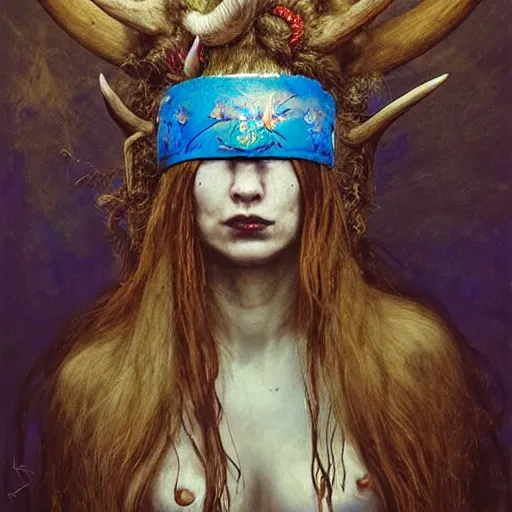 Prompt: A young female shaman blindfolded with a decorated headband like heilung, blue hair and antlers on her head, made by Esao Andrews and Karol Bak and Zdzislaw Beksinski