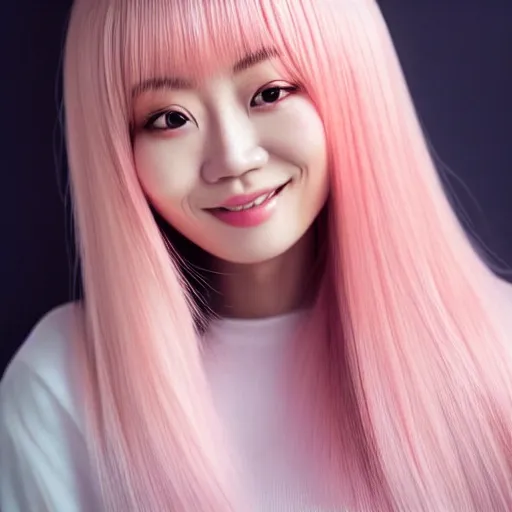 Image similar to beautiful hyperrealism selfie of nikki 苏 暖 暖 from shining nikki, a cute 3 d young woman smiling softly, long light pink hair and full bangs, flushed face, blushing, small heart - shaped face, soft features, amber eyes, chinese heritage, golden hour, 8 k, sharp focus, instagram