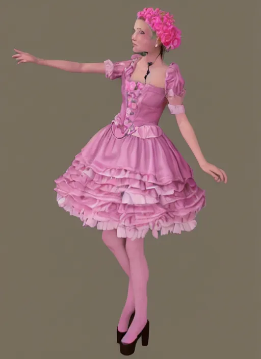 Image similar to oil painting, costume design, pink rose lolita dress, 3 d, render by maya, hyper realistic