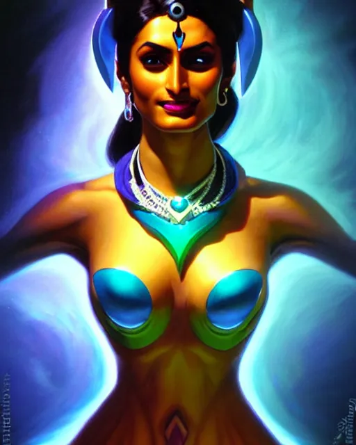 Image similar to symmetra from overwatch, bust, fantasy, fantasy art, fantasy, colorful, elegant, character portrait, portrait, close up, highly detailed, intricate detail, amazing detail, sharp focus, vintage fantasy art, vintage sci - fi art, radiant light, caustics, by boris vallejo