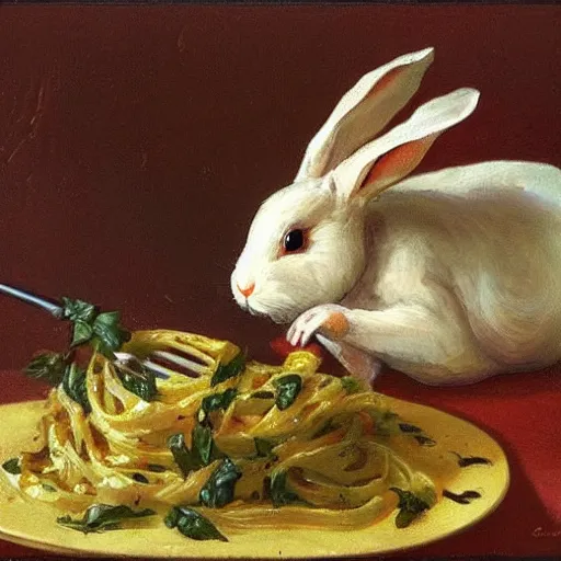Prompt: a rabbit cooking pasta, in the style of ilya repin