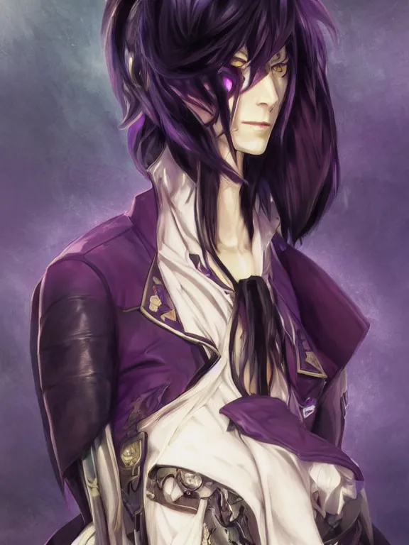 Image similar to manly eccentric lelouch lamperouge, purple eyes, hyper detailed, digital art, trending in artstation, cinematic lighting, studio quality, smooth render, unreal engine 5 rendered, octane rendered, concept art, smooth, sharp focus, illustration, art by artgerm and greg rutkowski and alphonse mucha and ian sprigger and wlop