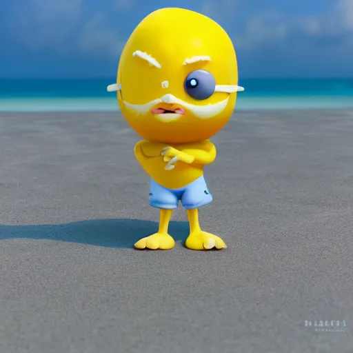 Image similar to a supercute lemon cartoon character, that is fit and muscular, it's is relaxing on a beach, inspired by dalle - 2, octane render, 3 d, volumetric lightening