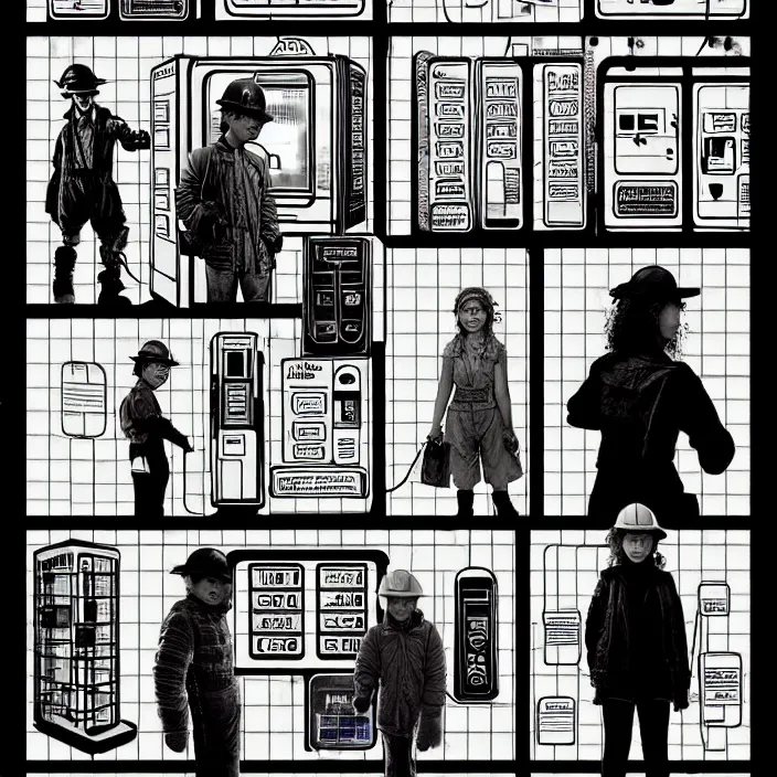 Image similar to sadie sink as a miner in a minimalist old - fashioned automated kiosk / vending machine with options to choose from. storyboard, scifi cyberpunk. by gabriel hardman, joe alves, chris bonura. cinematic atmosphere, detailed and intricate, perfect anatomy