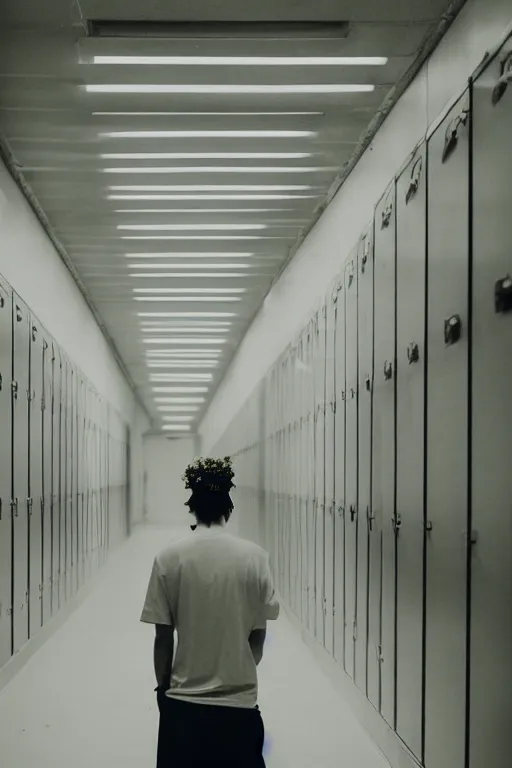 Image similar to kodak portra 4 0 0 photograph of a guy wearing a flower crown in a empty school hallway lined with lockers, back view, lens flare, moody lighting, moody vibe, telephoto, 9 0 s vibe, blurry background, grain, tranquil, calm, faded!,