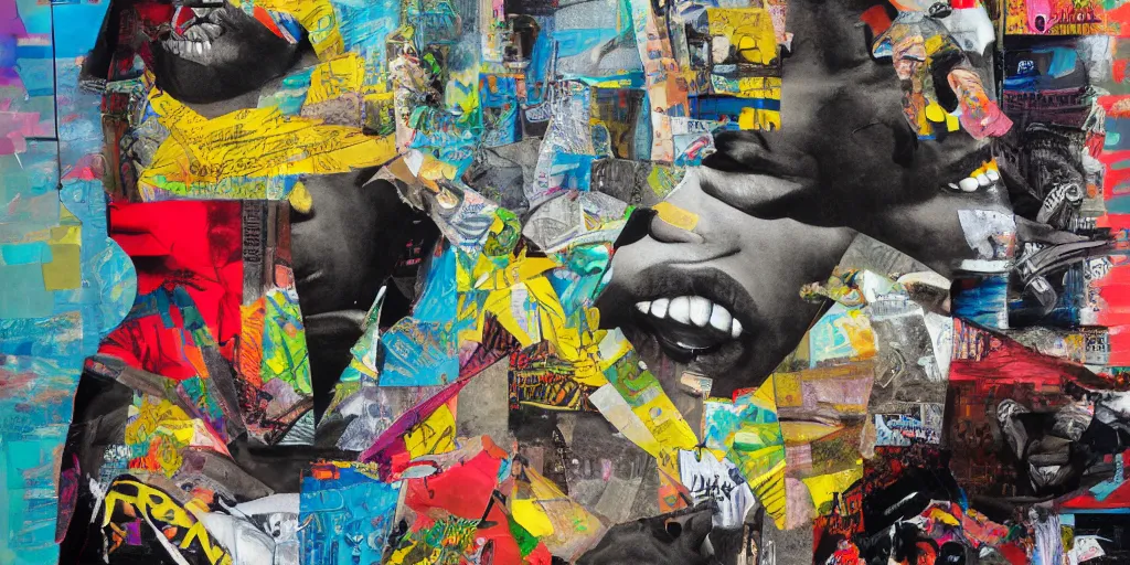 Prompt: memphis hip hop, collage paper and tape, acrylic on canvas, hyperrealism mixed with expressionism, high resolution, cinematic, unreal 6 breathtaking detailed, by blake neubert