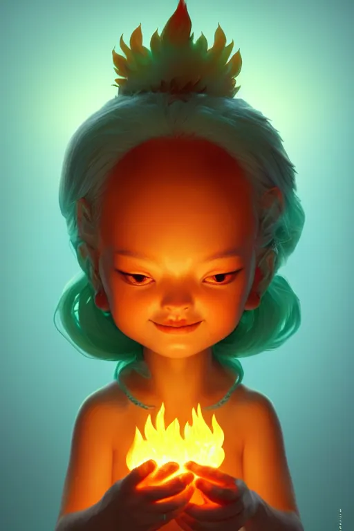 Prompt: super cute Bioluminescent Fire deity character concept, single head, no double head, soft light, soft mood, realistic body features and face, illustration, painting oil on canvas by Elena Zhurikhina and Goro Fujita and Charlie Bowater, octane render trending on artstation, 4k, 8k, HD