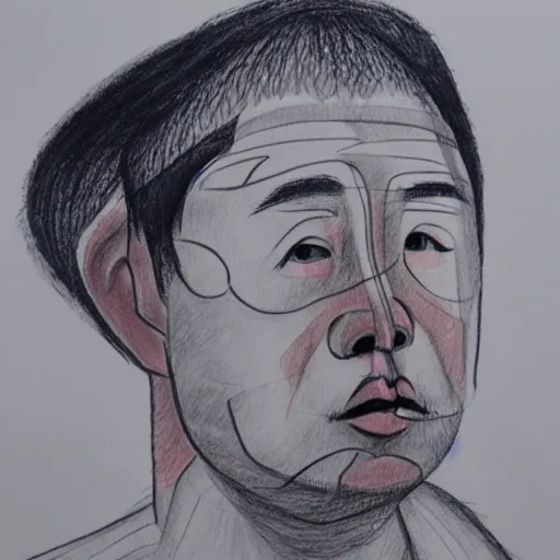 Image similar to ultra precise, asymmetric fineliner drawing of a chinese prisoner. three colour ink marker pen on rainbow spattered glossy paper. bold lines, gallery quality