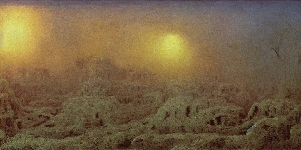 Image similar to Isle of the dead by Arnold Böcklin painted by Zdzisław Beksiński, global illumination, radiant light, detailed and intricate environment