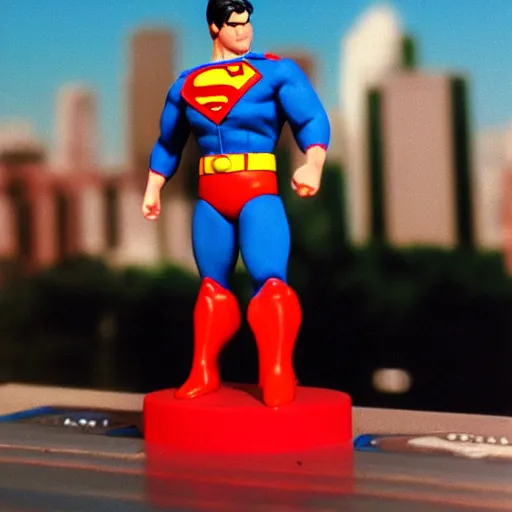 Prompt: toy photography. Superman action figure standing heroically against a city backdrop. 1990. In Focus macro shot. Cover of Nintendo Power