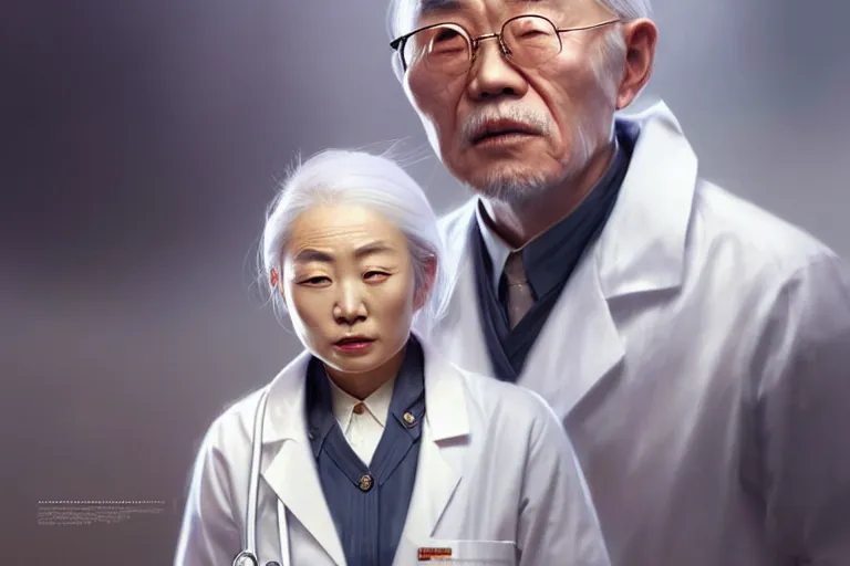 Prompt: a elegant and beautiful female doctor in a white coat, a chinese old man in wheelchair, cinematic, highly detailed, digital painting, artstation, concept art, matte, sharp focus, illustration, art by artgerm and greg rutkowski